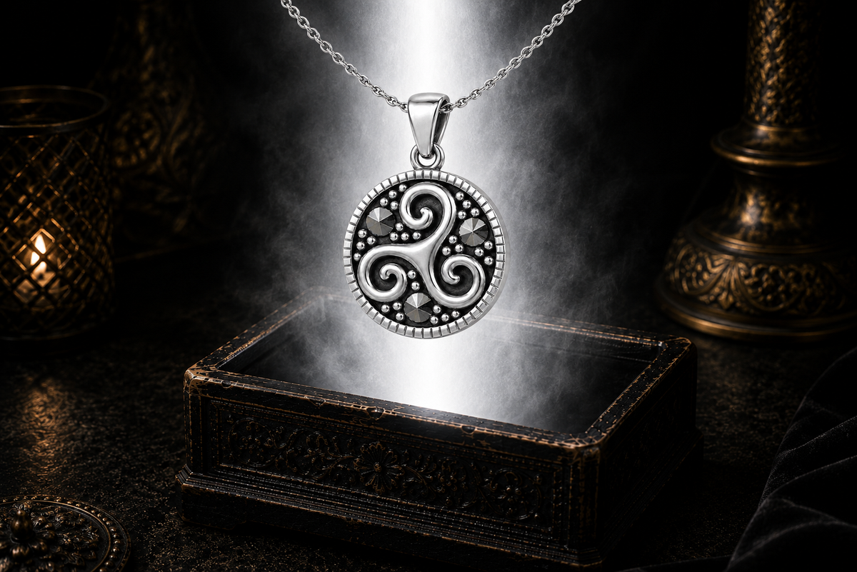 Sterling silver Celtic Triskele pendant with genuine marcasite stones floating above an ornate jewelry box surrounded by soft glowing light in a dark luxury setting, featuring the ancient triple spiral symbol within a circular Celtic design.
