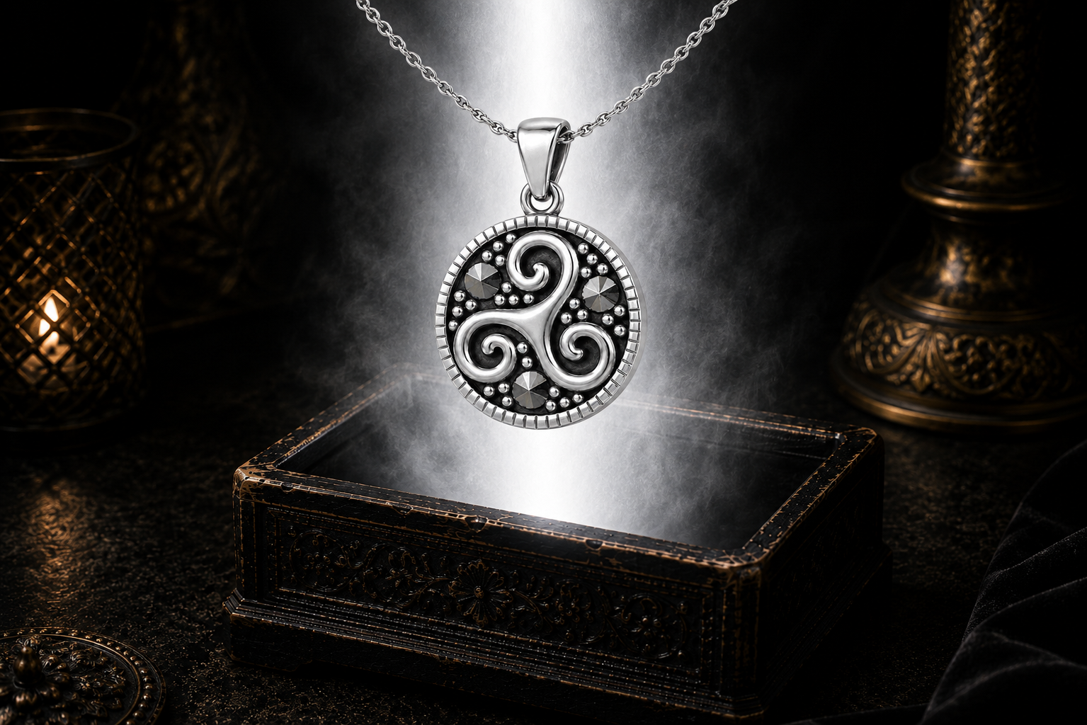 Sterling silver Celtic Triskele pendant with genuine marcasite stones floating above an ornate jewelry box surrounded by soft glowing light in a dark luxury setting, featuring the ancient triple spiral symbol within a circular Celtic design.