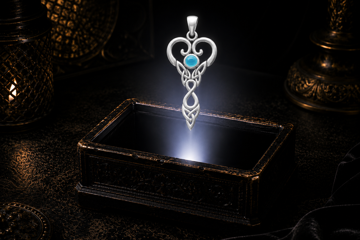 Sagittarius goddess pendant with created turquoise hovering in neutral white light above an antique black coffer