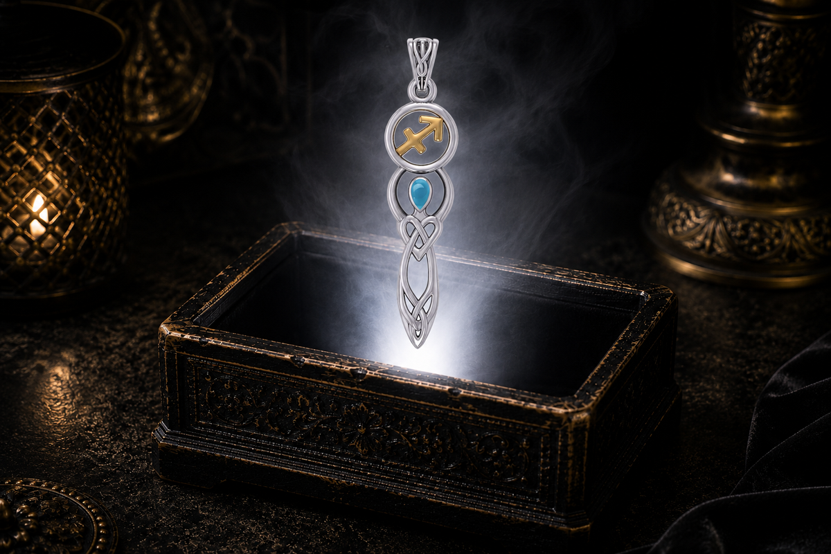 Sterling silver Sagittarius birthstone pendant with turquoise, gold accents, and Celtic goddess symbolism showcased above an antique jewelry box surrounded by mystical light and shadow.