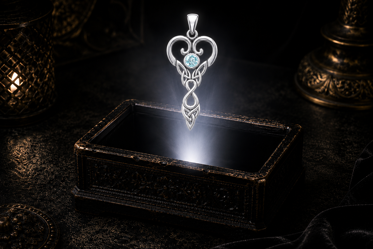 Scorpio white gold Celtic Zodiac pendant with genuine blue topaz illuminated above a dark carved jewelry chest