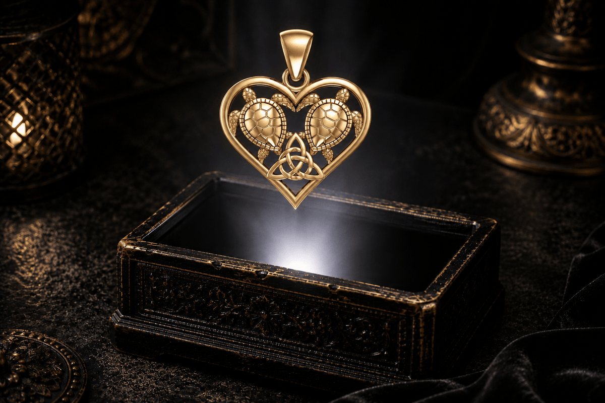 14K yellow gold sea turtle pendant with two turtles inside a heart and a Celtic Trinity Knot intertwined with a circular ring