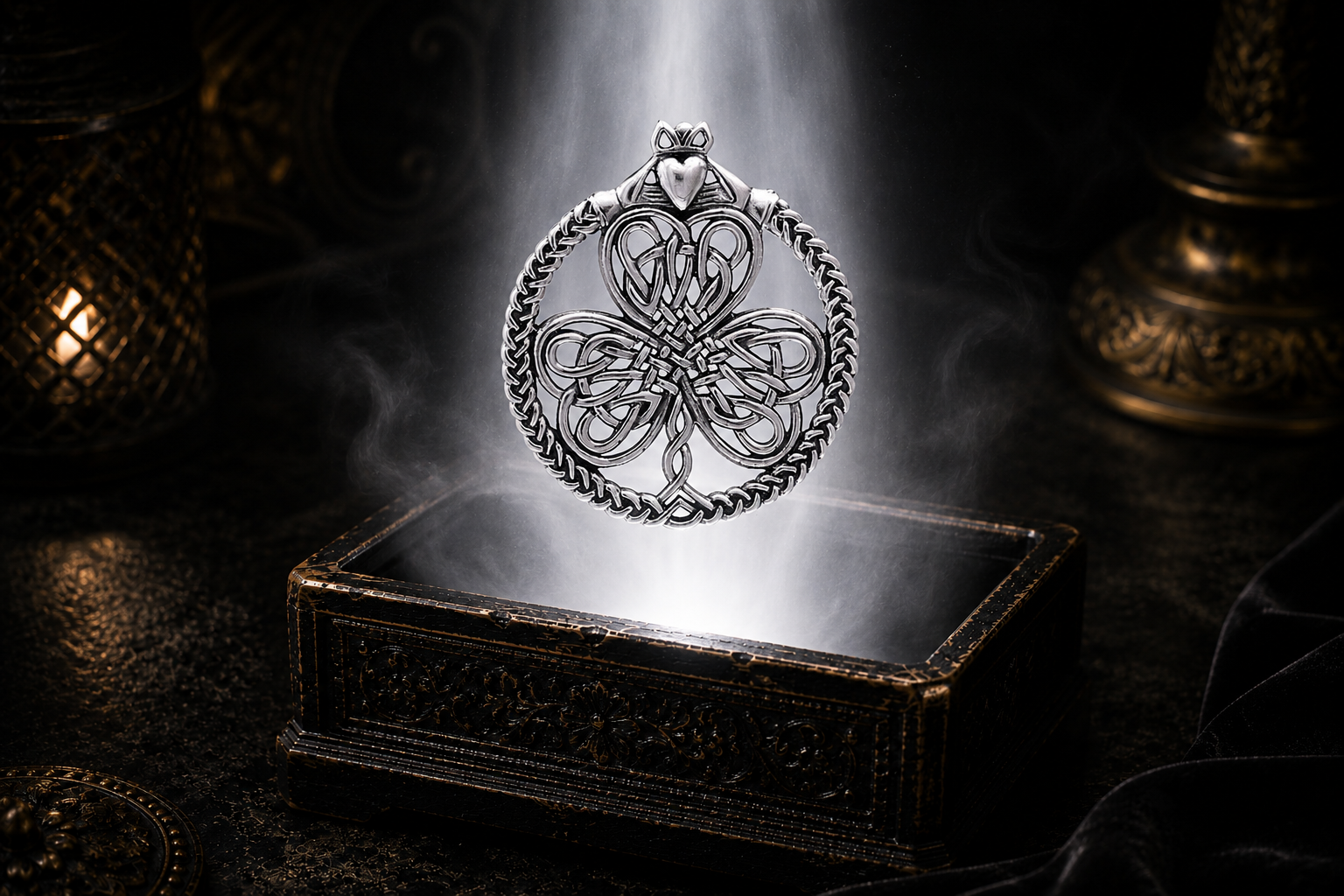 Sterling silver shamrock Claddagh pendant floating above an ornate jewelry box illuminated by luminous white light in a dark luxury setting, featuring Celtic knotwork and a braided circular frame.