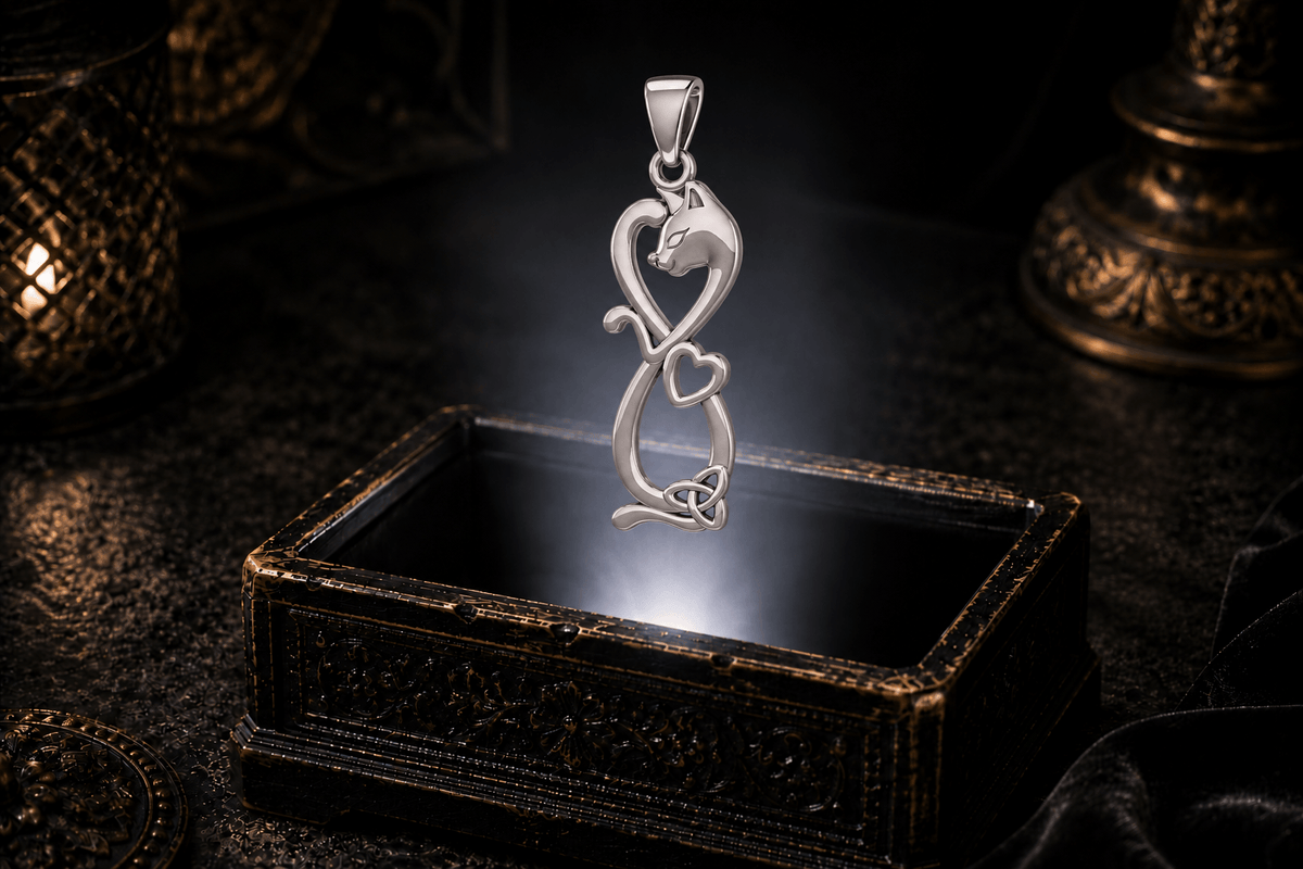 Sterling silver cat pendant with infinity-inspired curves, an open heart and Celtic Trinity knot, suspended above an ornate black jewelry box in soft white light.