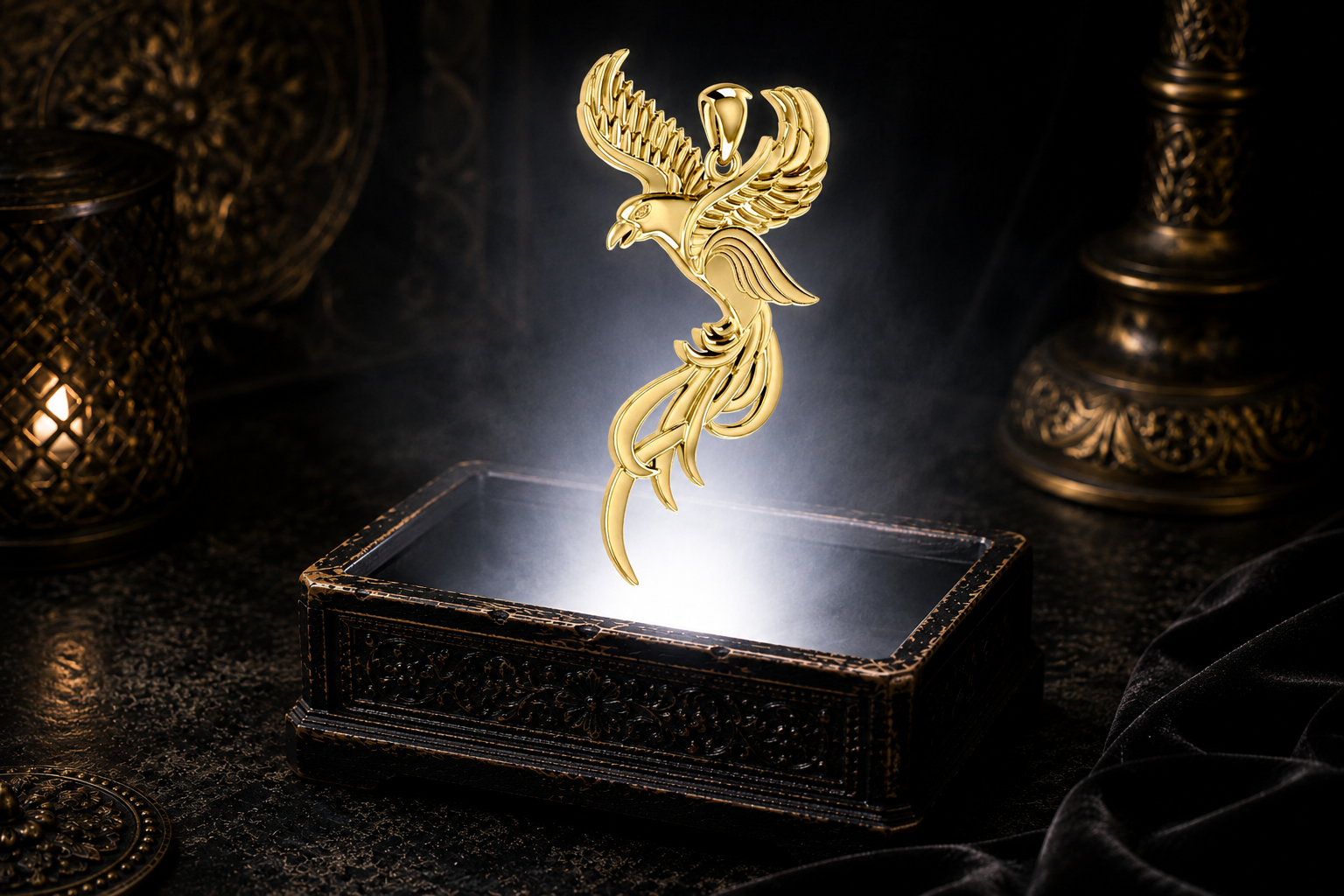 Solid 14K gold Flying Phoenix pendant with outstretched wings floating above an ornate jewelry box surrounded by glowing light in a dark luxury setting.