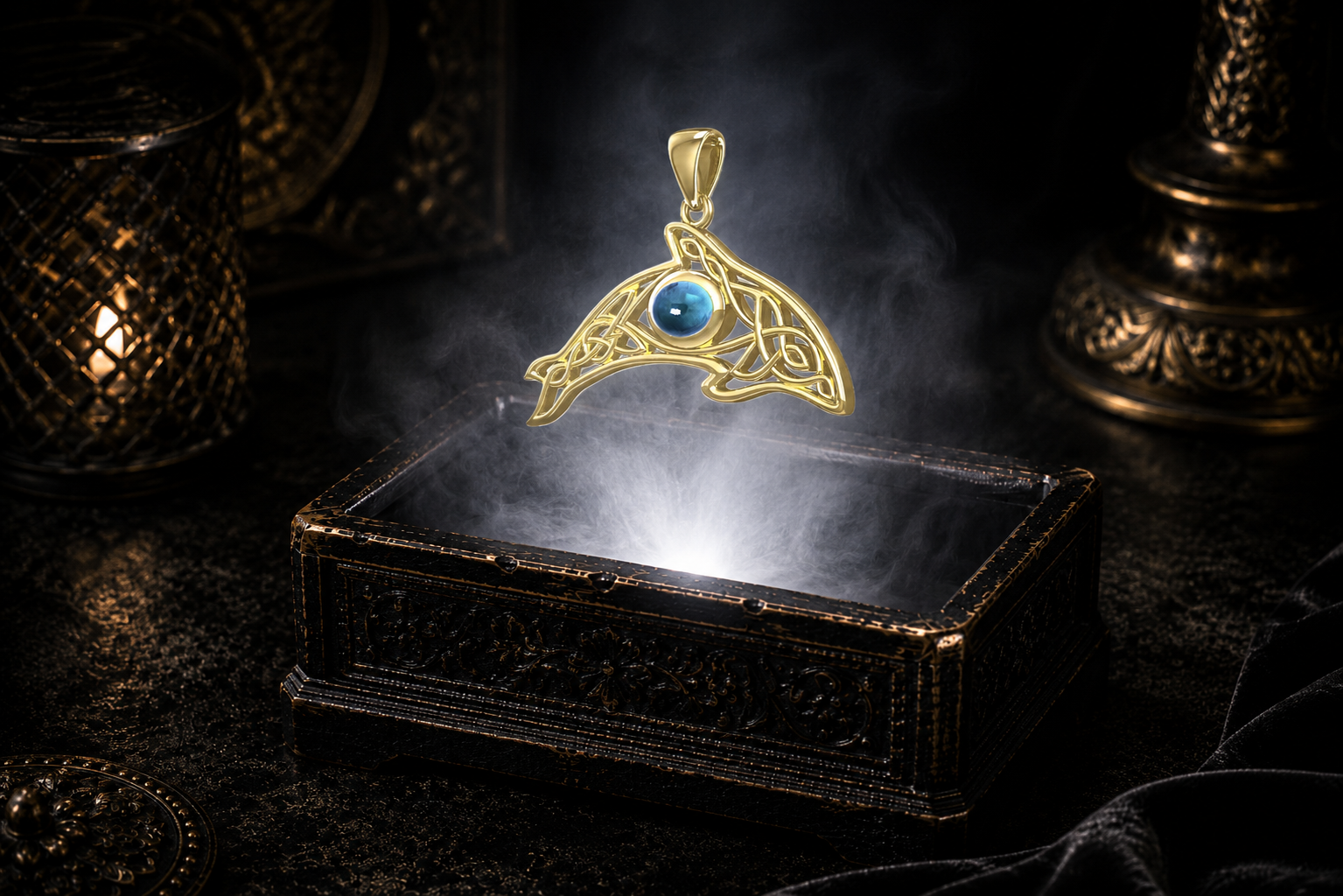 Solid gold Celtic whale pendant with blue topaz gemstone floating above an ornate black jewelry box illuminated by soft white light, surrounded by subtle mist in a dark luxury Celtic setting.