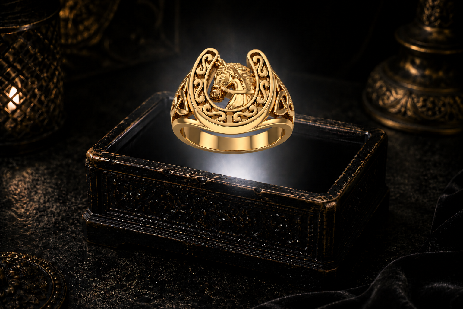 Solid gold equestrian horseshoe horse ring hovering above an illuminated antique jewelry box in a dark cinematic luxury setting with mystical candlelit atmosphere
