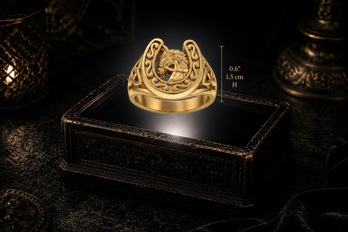 Solid gold equestrian horseshoe horse ring hovering above an illuminated antique jewelry box with 0.6 inch and 1.5 cm height measurement graphic in a dark cinematic luxury setting