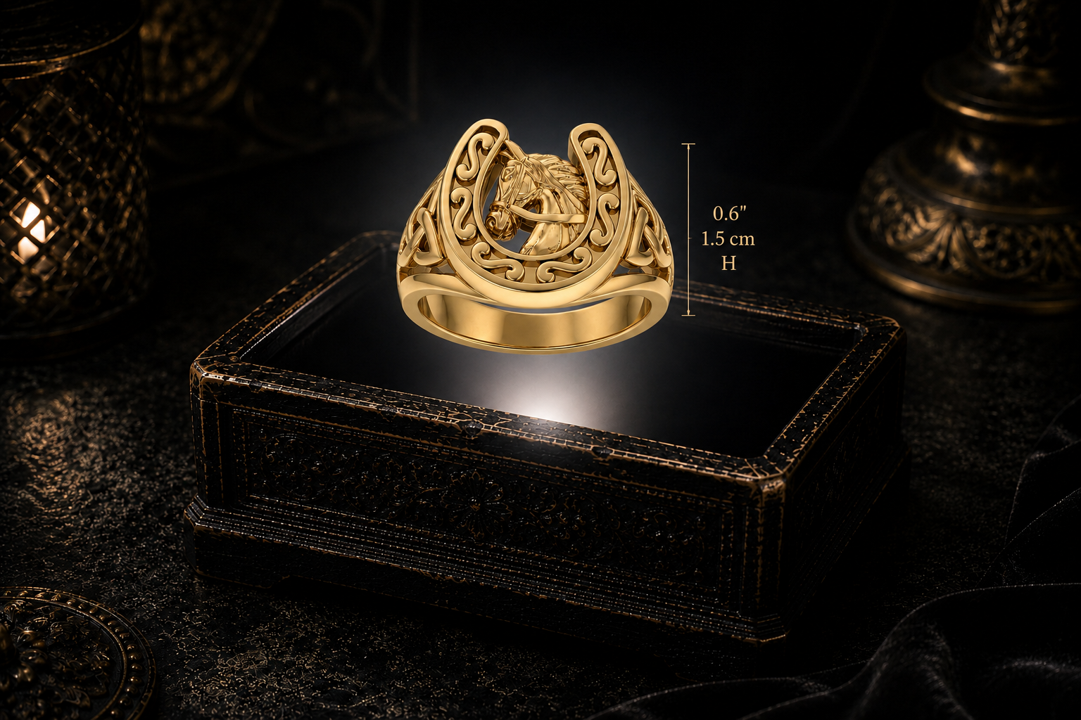 Solid gold equestrian horseshoe horse ring hovering above an illuminated antique jewelry box in a dark cinematic luxury setting with mystical candlelit atmosphere
