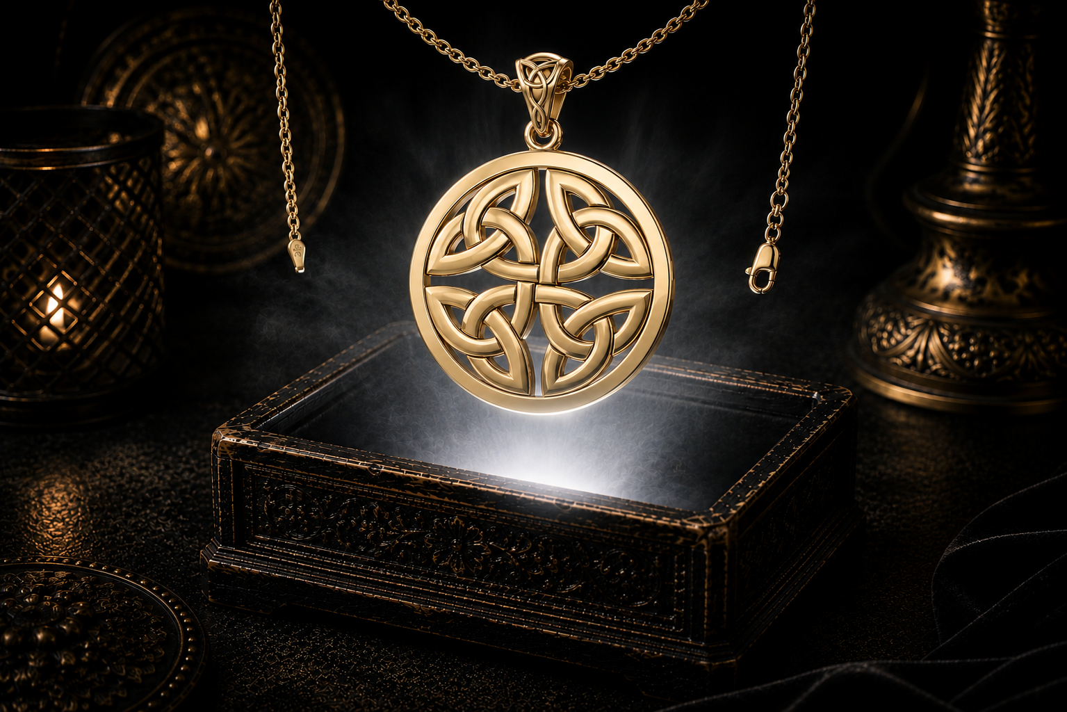 Solid gold Fourfold Trinity Knot Circle pendant with gold chain floating above an ornate jewelry box surrounded by luminous white light in a cinematic dark luxury environment.