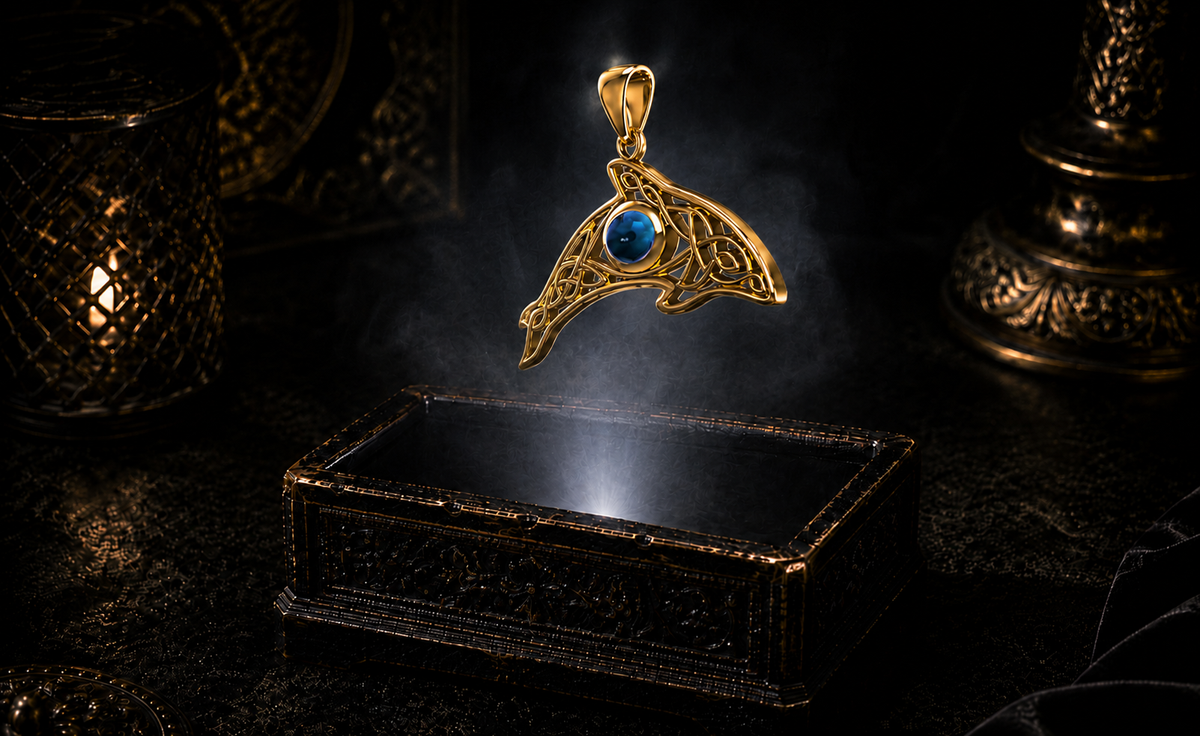 Solid gold Celtic whale pendant with blue topaz gemstone floating above an ornate black jewelry box illuminated by soft white light, surrounded by subtle mist in a dark luxury Celtic setting.