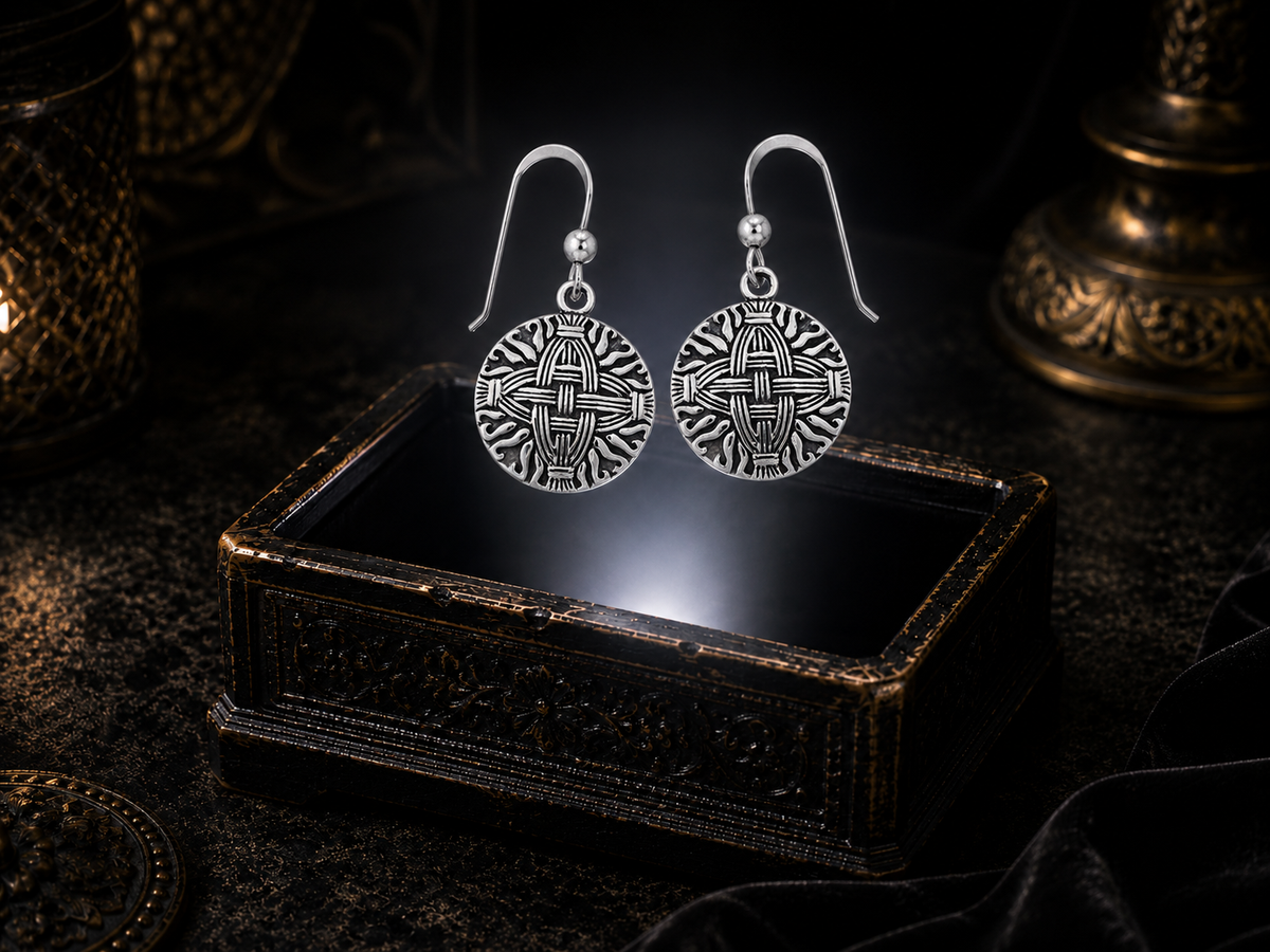 Sterling silver St. Brigid’s Celtic cross earrings floating above a glowing ornate jewelry box in a dark luxury setting