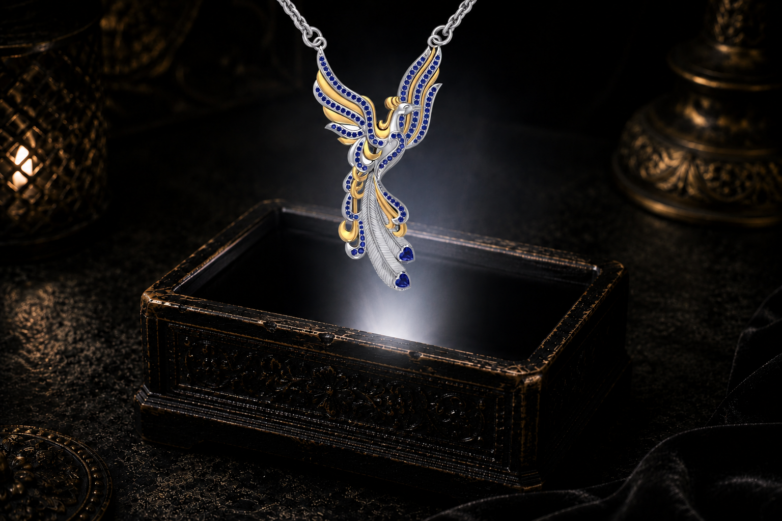 Rising phoenix necklace with ruby gemstones, silver featherwork, gold accents, and sweeping raised wings suspended in a neutral white beam