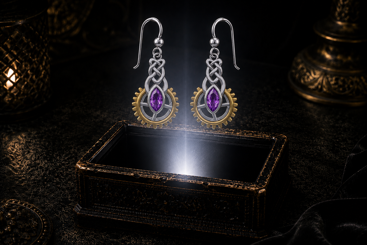 Steampunk Celtic sterling silver earrings with 14K gold gear accents and marquise amethyst gemstones floating above a glowing ornate jewelry box in a dark luxury setting