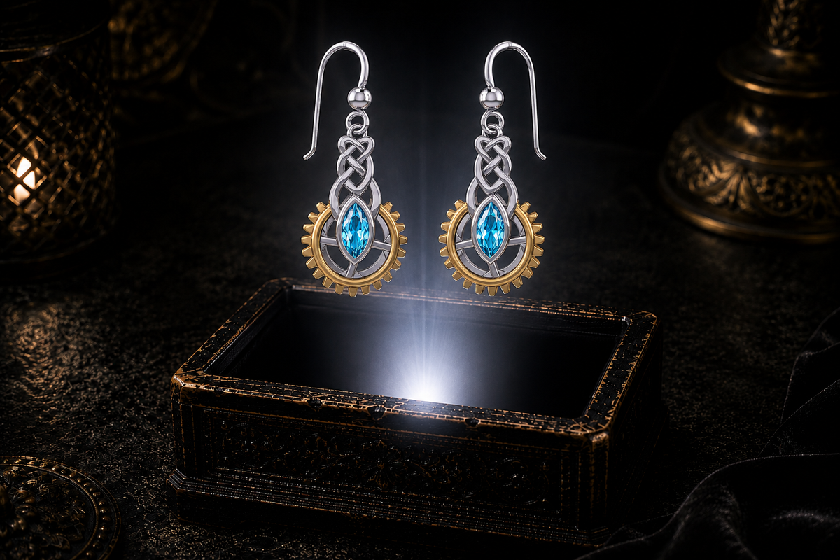 Steampunk Celtic sterling silver earrings with 14K gold gear accents and marquise blue topaz gemstones floating above a glowing ornate jewelry box in a dark luxury setting