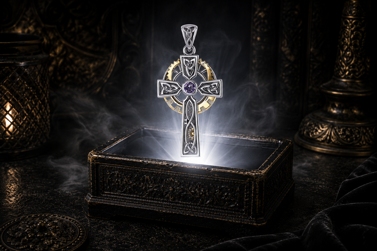 Sterling silver Steampunk Celtic Cross pendant with 14K gold gear accent and amethyst gemstone floating above an ornate black jewelry box illuminated by soft white light in a dark luxurious setting with candlelit Celtic decor.