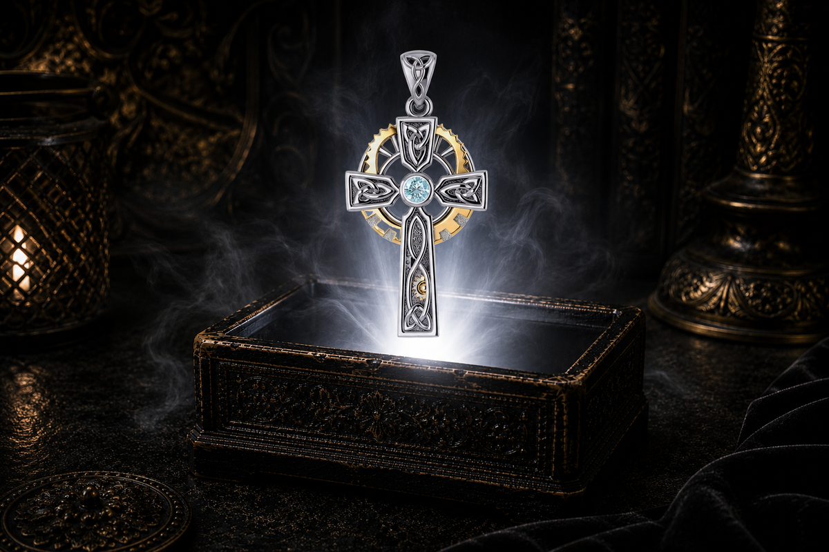 Sterling silver Steampunk Celtic Cross pendant with 14K gold gear accent and blue topaz gemstone floating above an ornate black jewelry box illuminated by soft white light in a dark luxurious setting with candlelit Celtic decor.