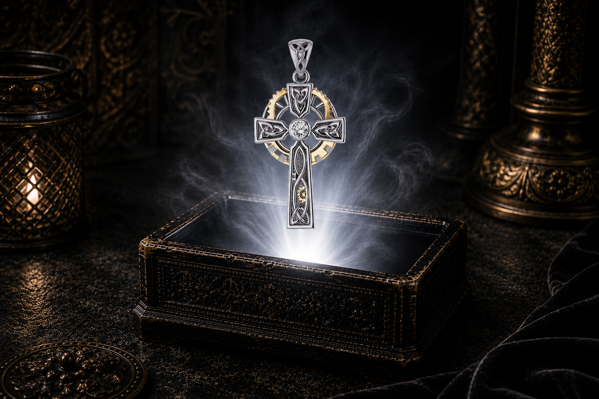 Sterling silver Steampunk Celtic Cross pendant with 14K gold gear accent and cubic zirconia gemstone floating above an ornate black jewelry box illuminated by soft white light in a dark luxurious setting with candlelit Celtic decor.