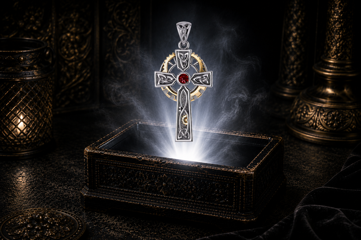 Sterling silver Steampunk Celtic Cross pendant with 14K gold gear accent and garnet gemstone floating above an ornate black jewelry box illuminated by soft white light in a dark luxurious setting with candlelit Celtic decor.