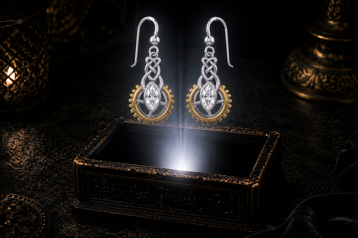 Steampunk Celtic sterling silver earrings with 14K gold gear accents and marquise cubic zirconia gemstones floating above a glowing ornate jewelry box in a dark luxury setting