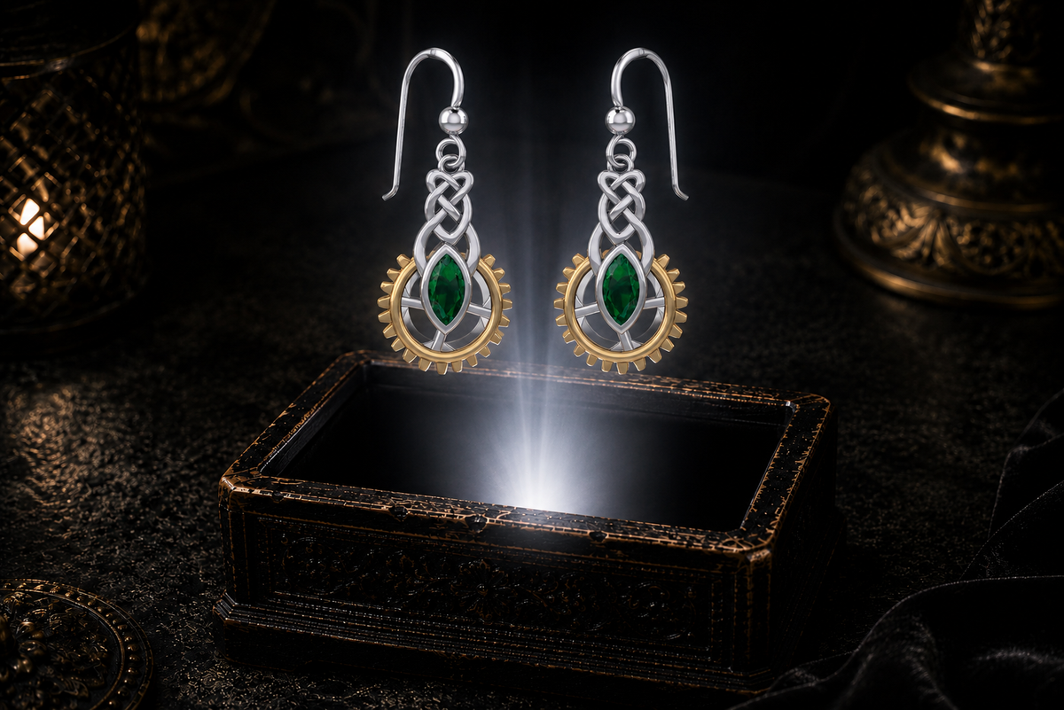 Steampunk Celtic sterling silver earrings with 14K gold gear accents and marquise emerald glass gemstones floating above a glowing ornate jewelry box in a dark luxury setting