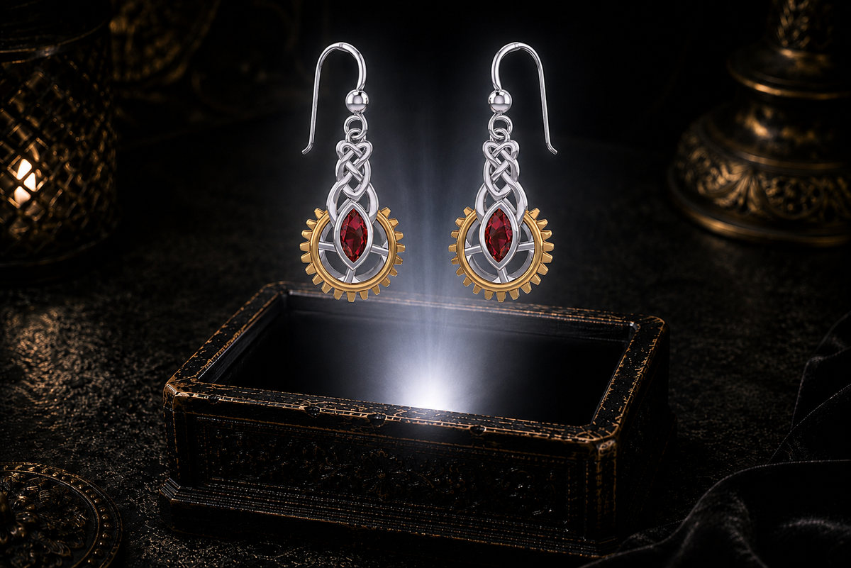 Steampunk Celtic sterling silver earrings with 14K gold gear accents and marquise garnet gemstones floating above a glowing ornate jewelry box in a dark luxury setting