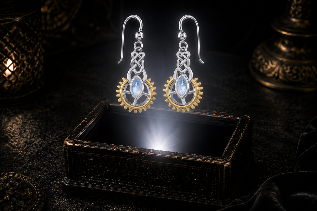 Steampunk Celtic sterling silver earrings with 14K gold gear accents and marquise rainbow moonstone gemstones floating above a glowing ornate jewelry box in a dark luxury setting