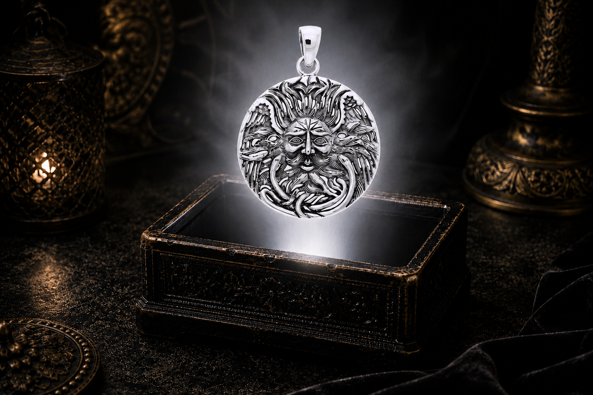 Sterling silver Belenus Celtic Sun God medallion pendant featuring a detailed solar deity surrounded by flowing organic forms, floating above an ornate jewelry box illuminated by radiant light in a dark luxury setting.