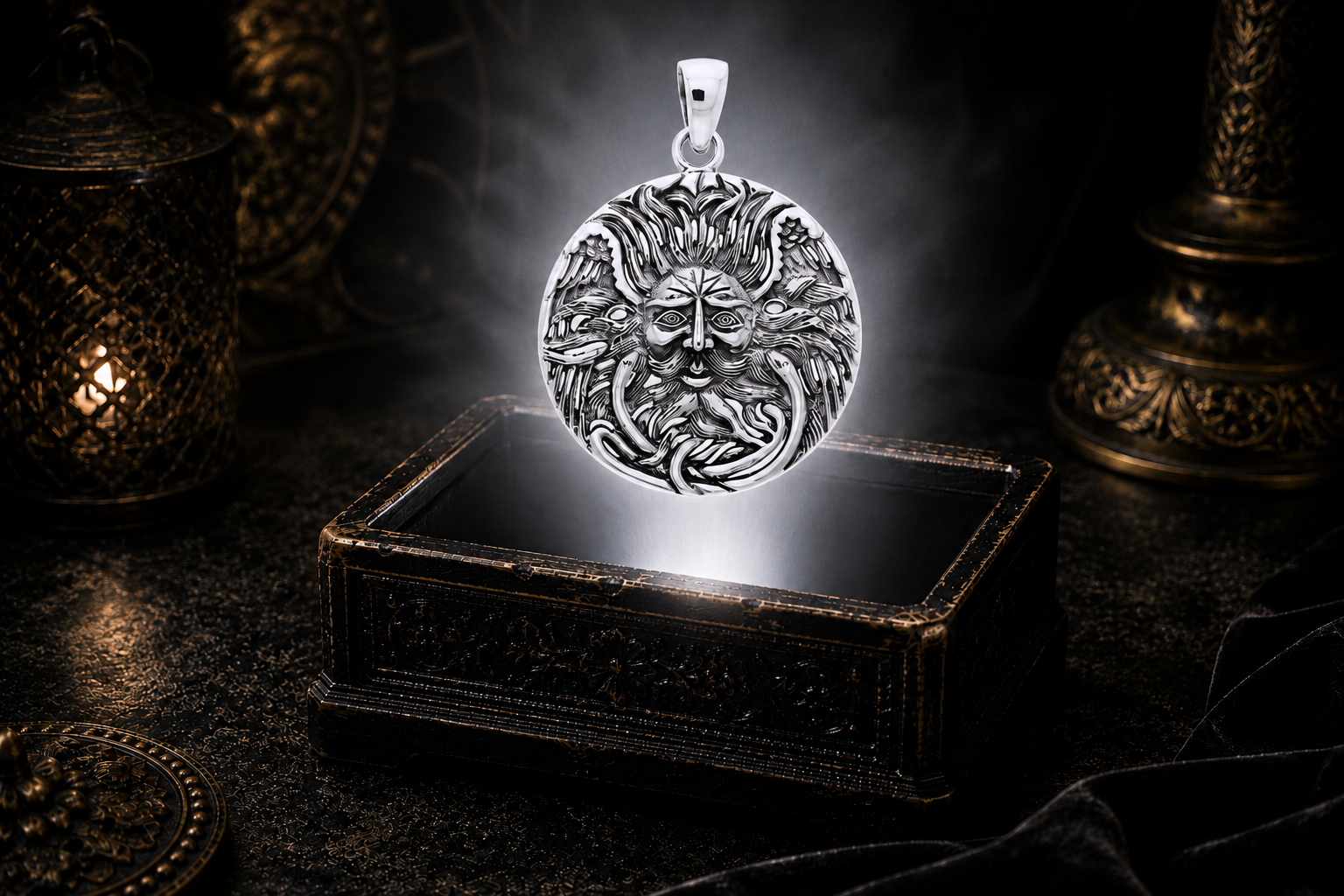 Sterling silver Belenus Celtic Sun God medallion pendant featuring a detailed solar deity surrounded by flowing organic forms, floating above an ornate jewelry box illuminated by radiant light in a dark luxury setting.