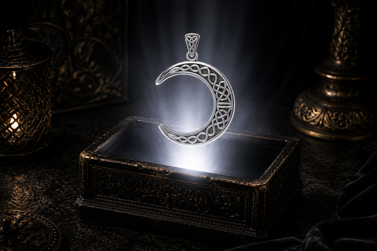 Sterling silver Celtic crescent moon pendant featuring intricate Trinity knotwork, floating above an ornate jewelry box illuminated by radiant light in a dark luxury setting.
