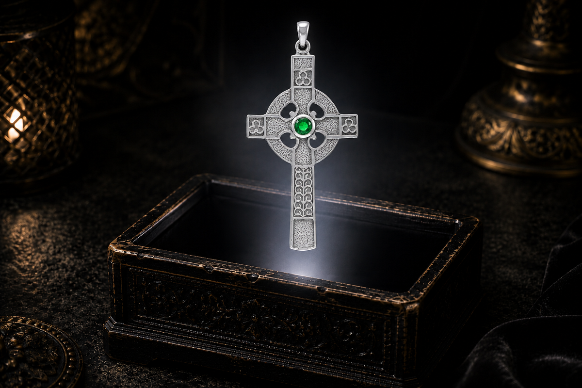 Sterling silver Celtic cross pendant with emerald glass center, circular ring, trefoil motifs, textured silver, and openwork surrounding the stone.