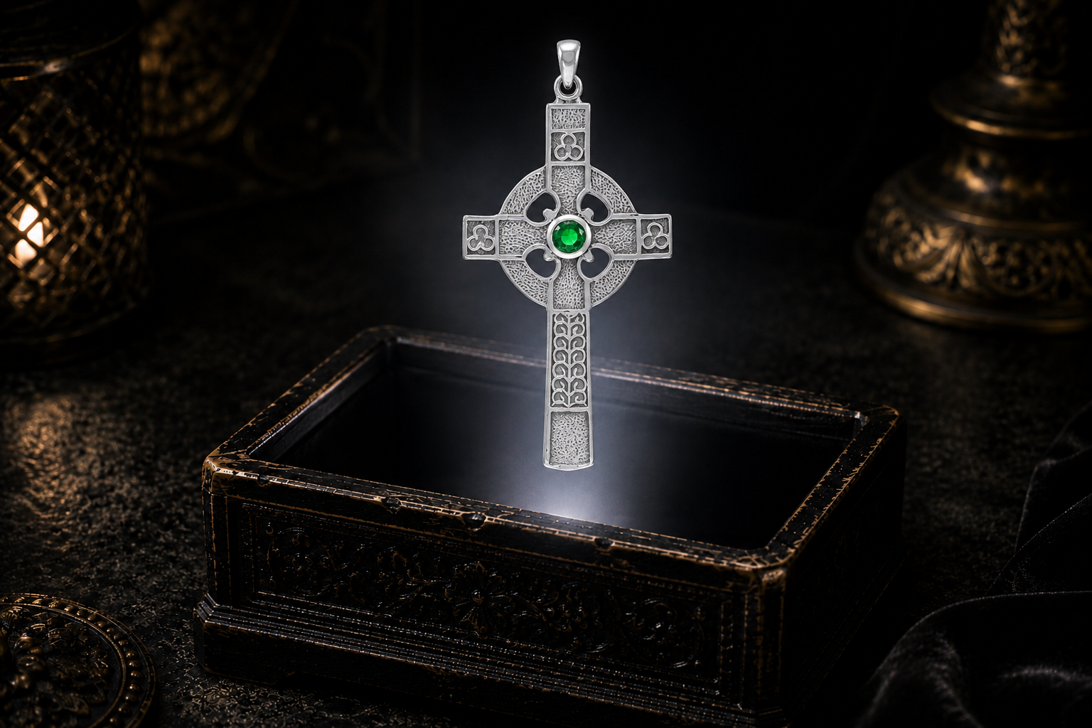 Sterling silver medieval Celtic cross pendant with genuine amethyst center, trefoil motifs, textured metalwork, and openwork detailing.