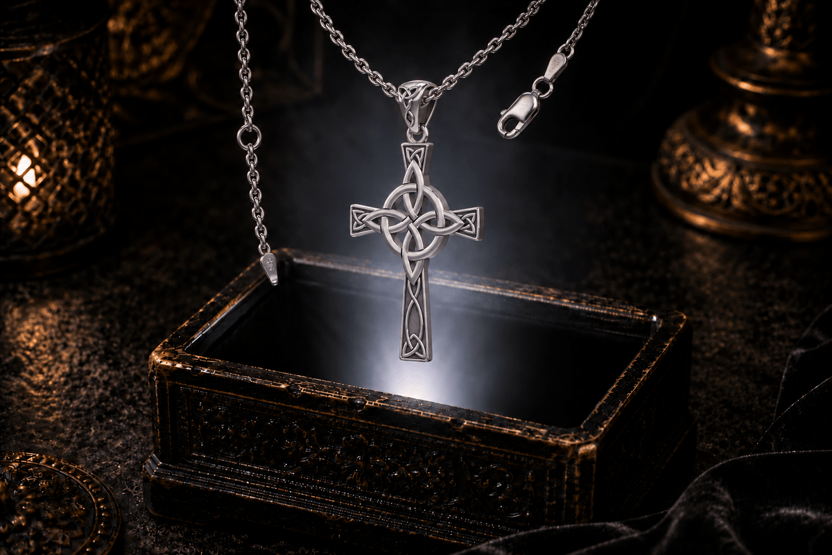 Sterling silver four-point knot Celtic cross pendant necklace suspended above an antique jewelry box