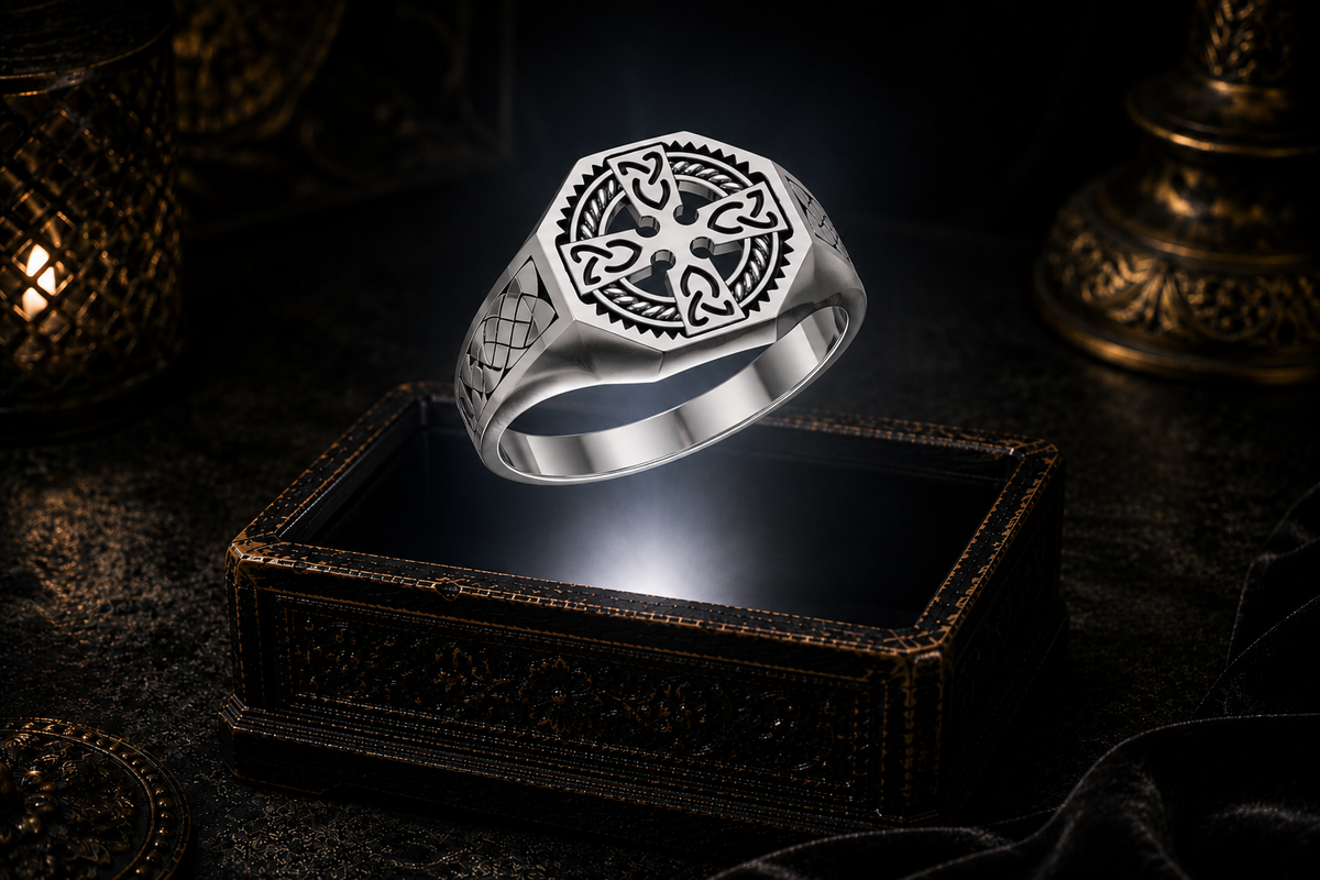 Sterling silver Celtic Cross signet ring with intricate Celtic knotwork displayed above an ornate dark jewelry box in a mystical gothic setting.