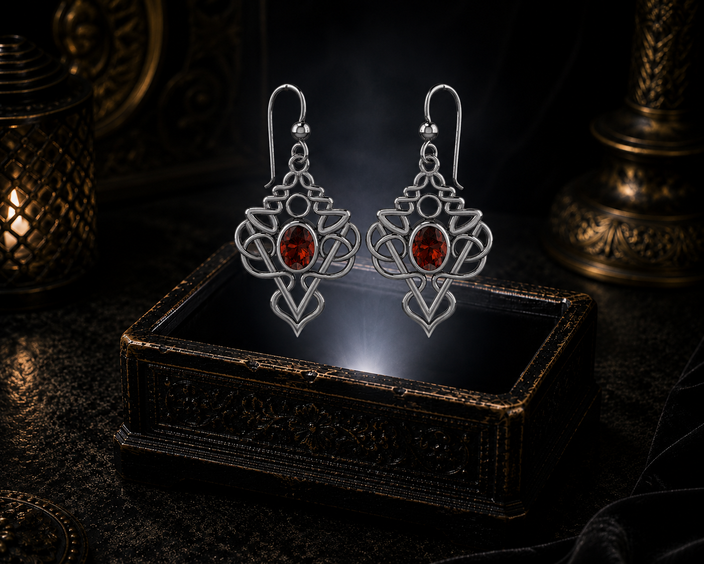 Sterling silver Celtic filigree knot drop earrings with garnet gemstones floating above a glowing ornate jewelry box in a dark luxury setting
