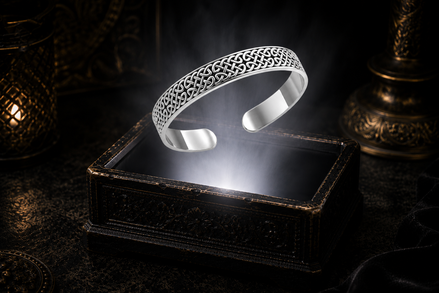 Sterling silver Celtic knot cuff bracelet floating above an ornate jewelry box illuminated by soft white light in a dark luxury setting with intricate Celtic knotwork, cinematic atmosphere, and refined heritage-inspired elegance.