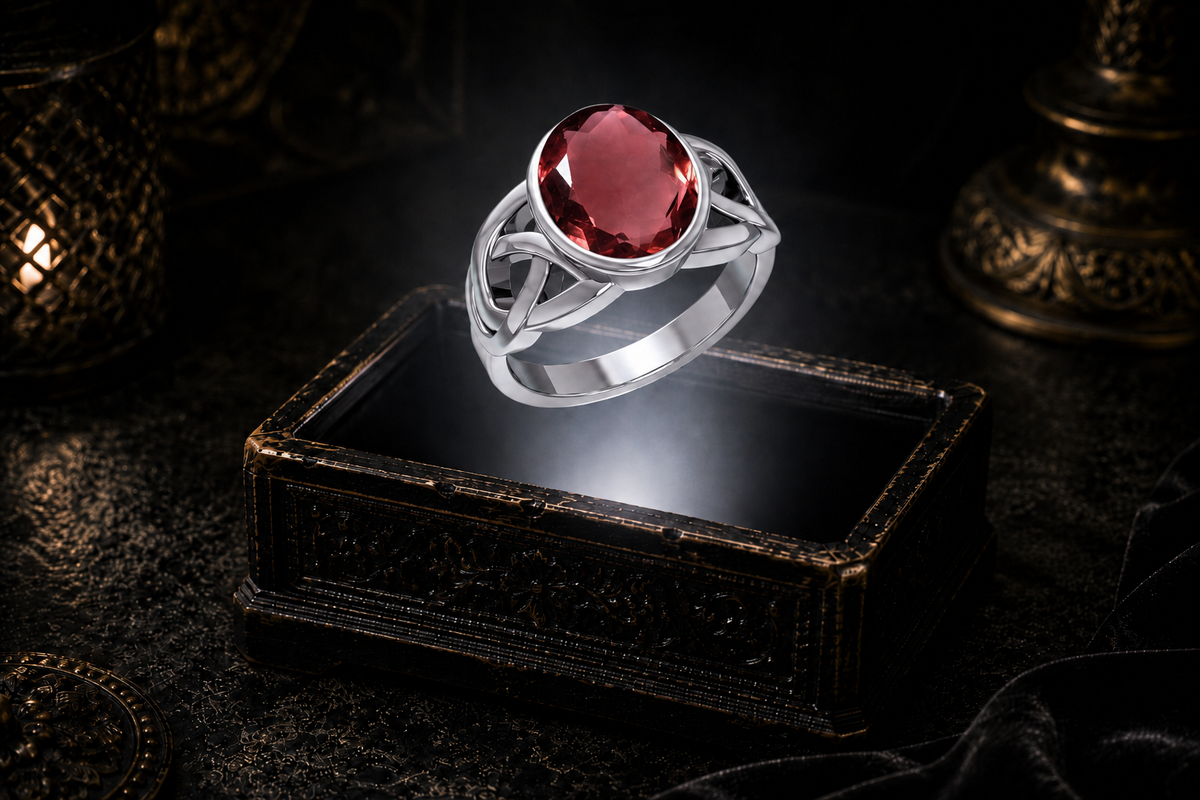 Celtic knot ring in sterling silver with an oval garnet suspended above an illuminated ornate jewelry box