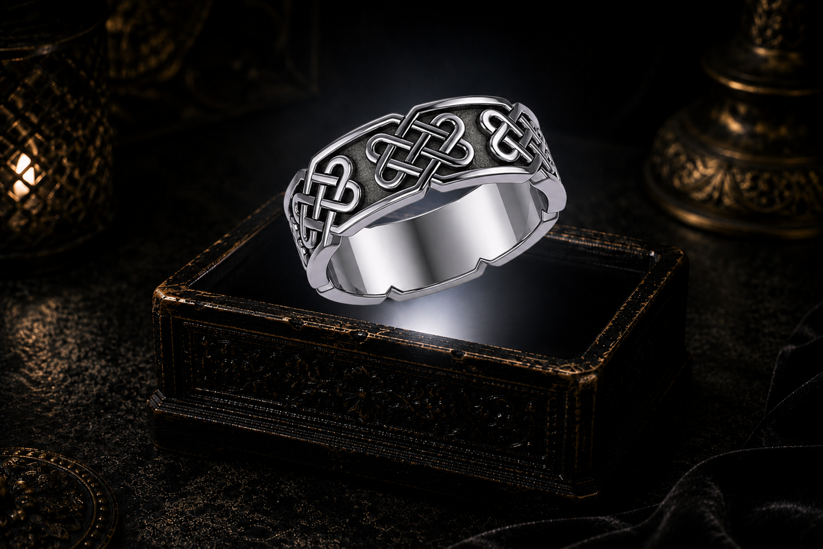 Sterling silver Celtic knot ring with intricate endless knotwork displayed above an ornate dark jewelry box in a mystical gothic setting.