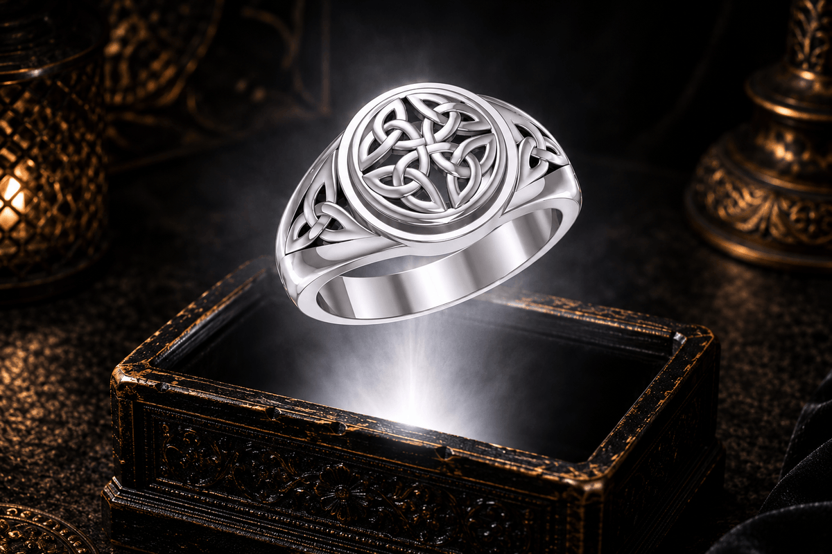 Polished sterling silver Celtic ring showing the circular quaternary knot face and smaller Trinity knots set into the tapered shoulders.