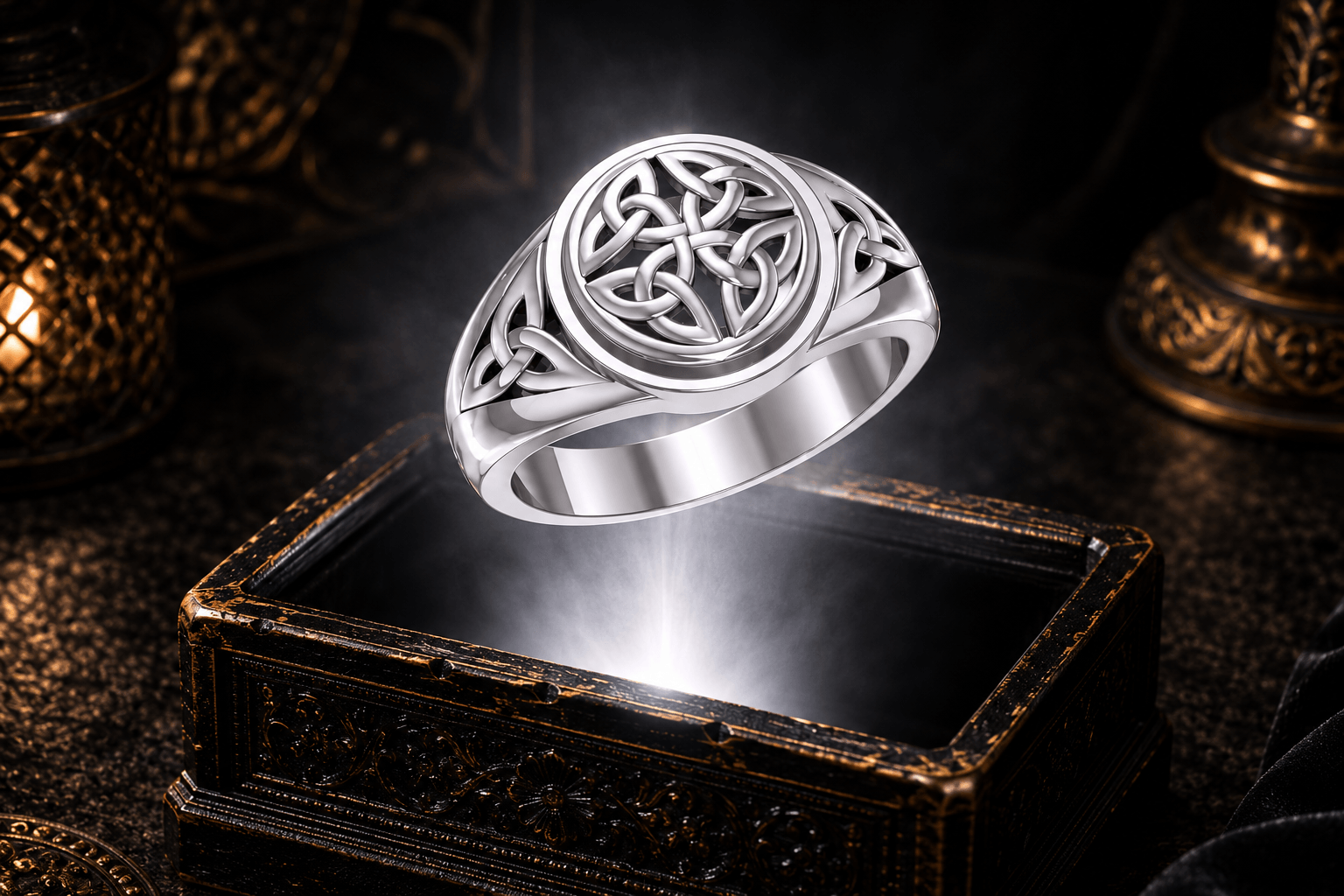 Polished sterling silver Celtic ring showing the circular quaternary knot face and smaller Trinity knots set into the tapered shoulders.
