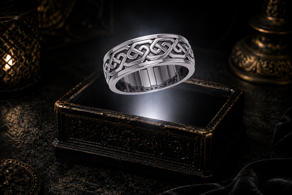 Sterling silver Celtic knot spinner ring with intricate endless knotwork displayed above an ornate dark jewelry box in a mystical gothic setting.