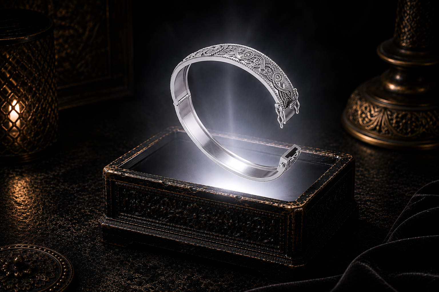 Sterling silver Celtic knotwork hinged bangle bracelet with open lock clasp floating above an ornate black jewelry box illuminated by soft white light in a dark luxury Celtic-inspired setting with refined cinematic atmosphere.