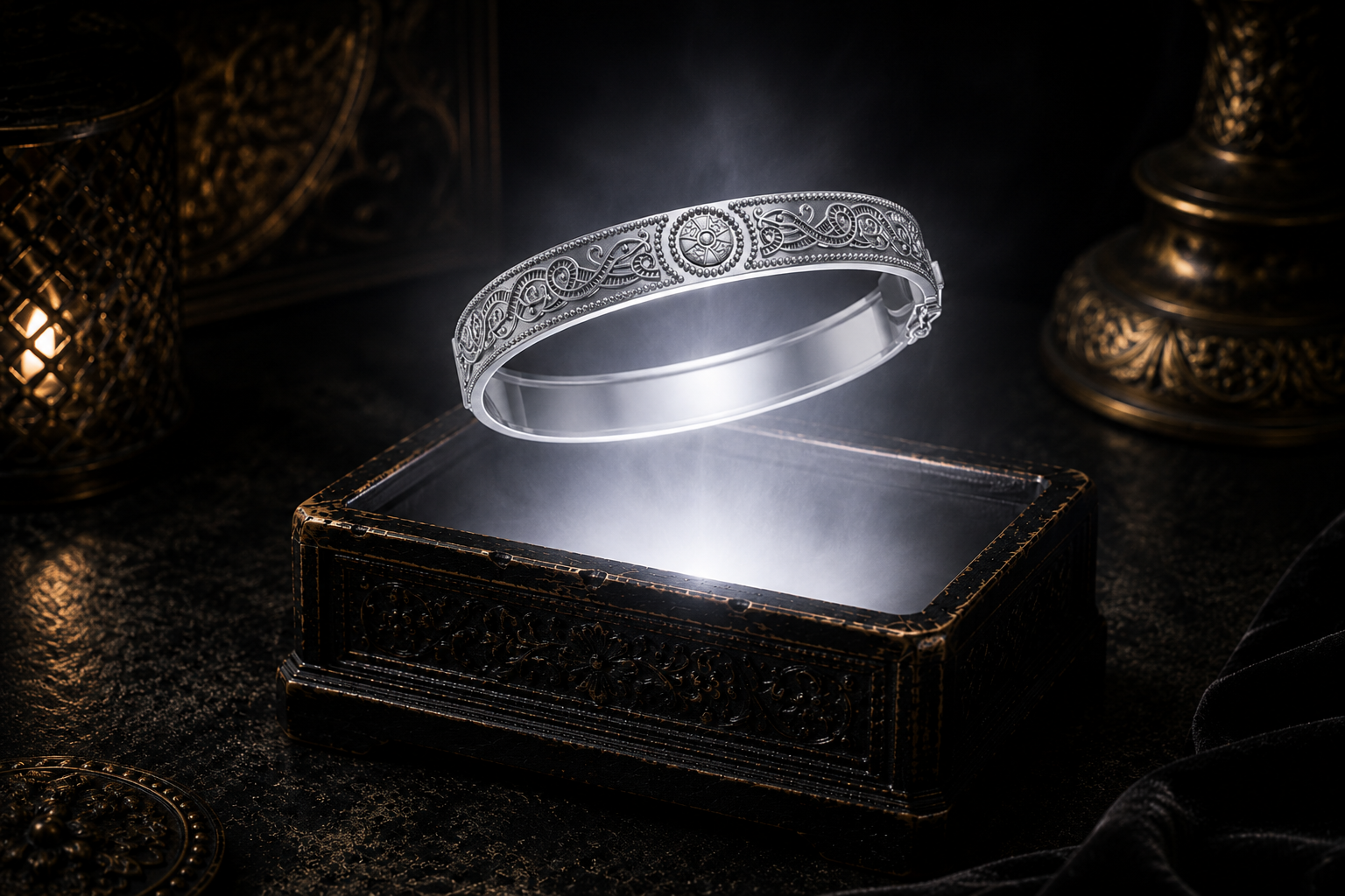 Sterling silver Celtic knotwork hinged bangle bracelet with open lock clasp floating above an ornate black jewelry box illuminated by soft white light in a dark luxury Celtic-inspired setting with refined cinematic atmosphere.
