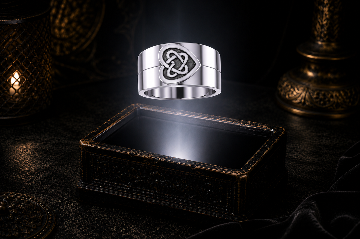 Sterling silver Celtic lovers knot couple rings joined together hovering above an antique jewelry box in a cinematic dark luxury setting
