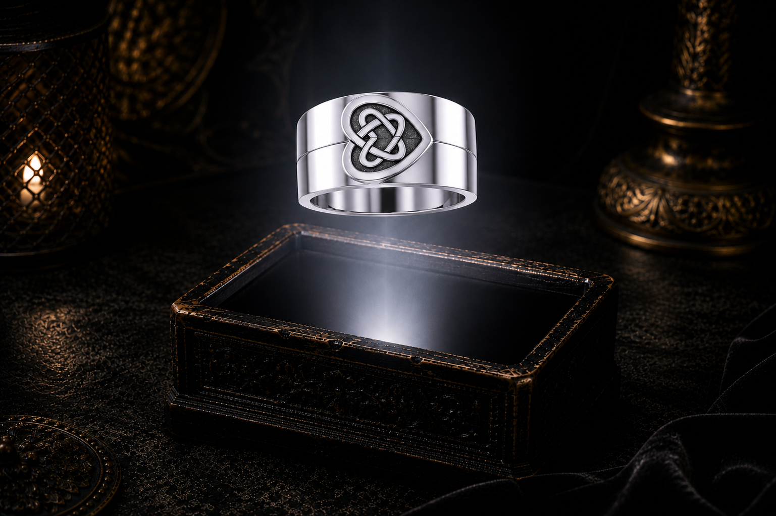 Sterling silver Celtic lovers knot couple rings floating separately above a dark ornate jewelry box with dramatic mystical lighting