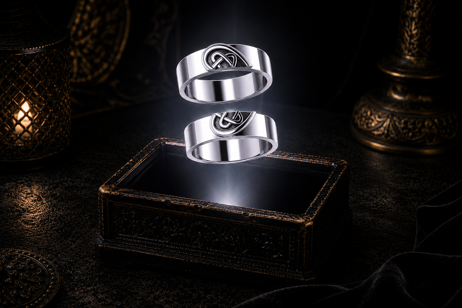 Sterling silver Celtic lovers knot couple rings floating separately above a dark ornate jewelry box with dramatic mystical lighting