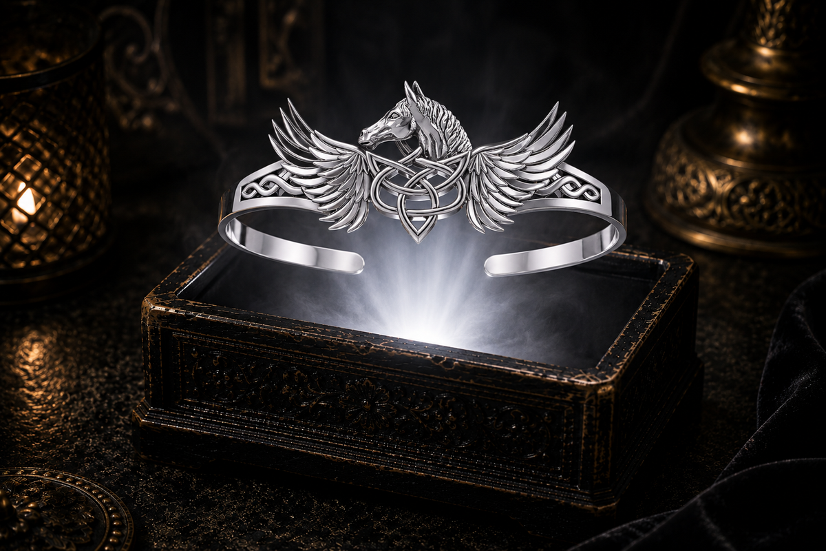 Sterling silver Celtic Pegasus horse cuff bracelet floating above an antique black jewelry box with a brilliant white beam of light, surrounded by candlelit shadows, soft mist, and a cinematic luxury atmosphere.