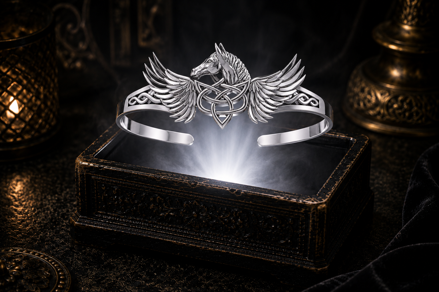 Sterling silver Celtic Pegasus horse cuff bracelet floating above an antique black jewelry box with a brilliant white beam of light, surrounded by candlelit shadows, soft mist, and a cinematic luxury atmosphere.