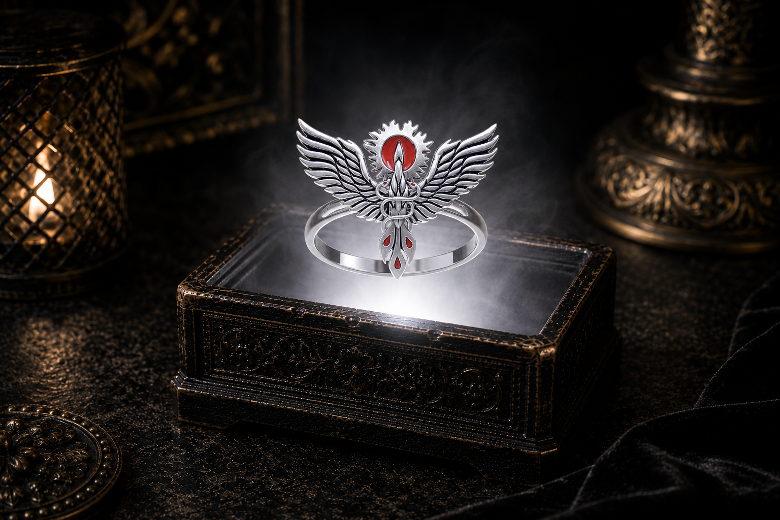 Sterling Silver Celtic Phoenix Ring with crimson enamel floating above an antique black jewelry box, illuminated by a brilliant white beam in a cinematic candlelit luxury setting with drifting mist, warm candlelight, rich velvet textures, and dramatic macro photography.