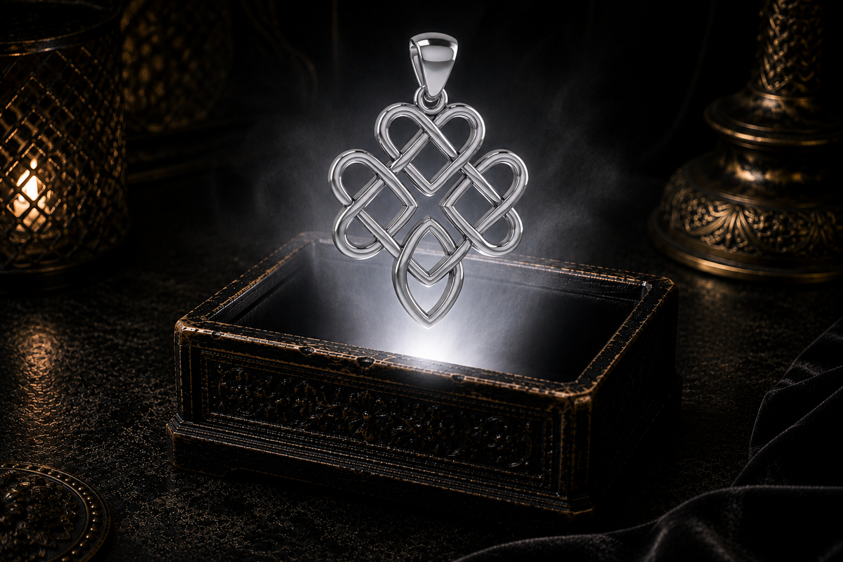 Sterling silver Celtic triple heart knot pendant featuring three interwoven hearts in an endless knot design, floating above an ornate jewelry box surrounded by glowing light in a dark luxury setting.